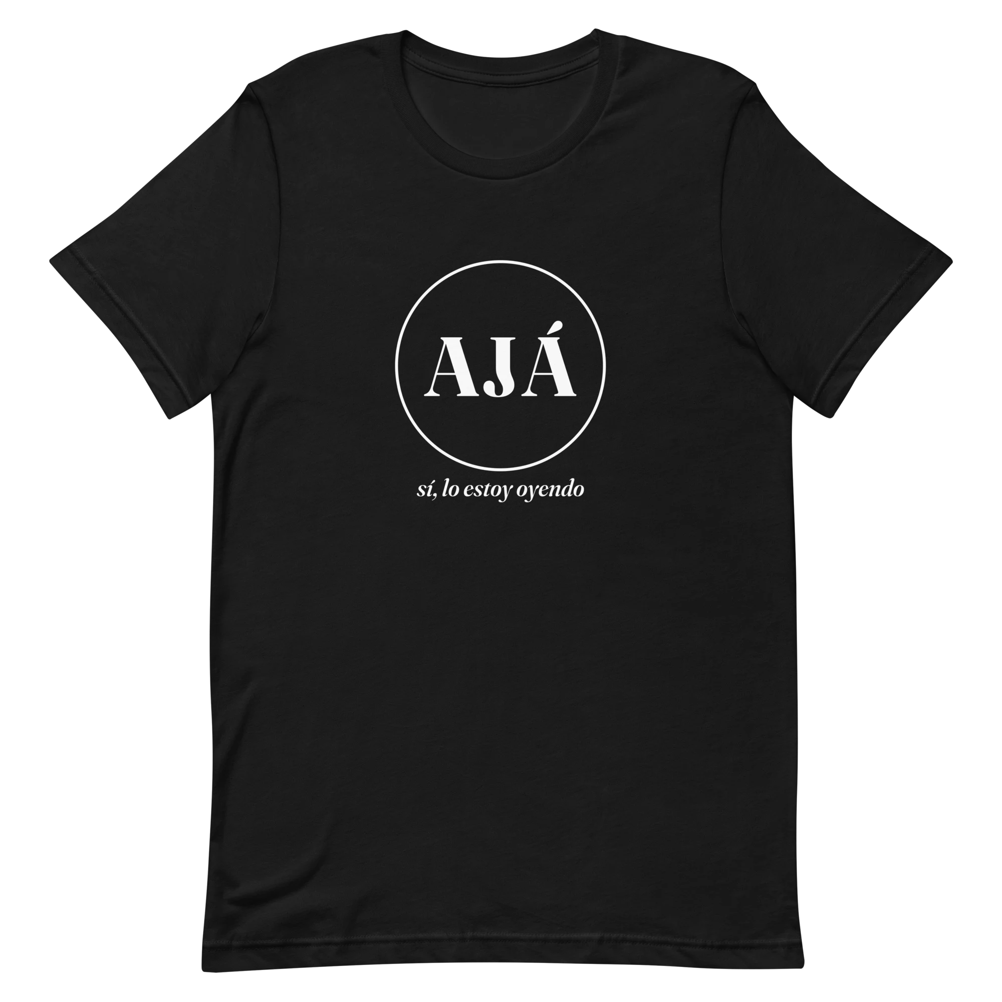 AJÁ badge tee flat lay, black — white circle badge
