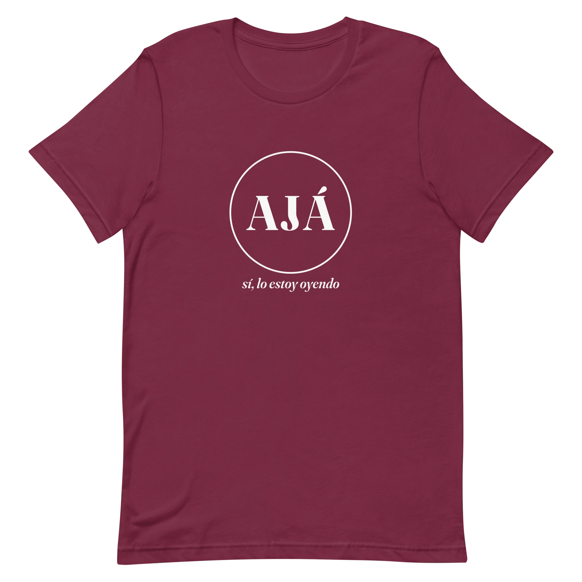 AJÁ badge tee flat lay, maroon — white circle badge