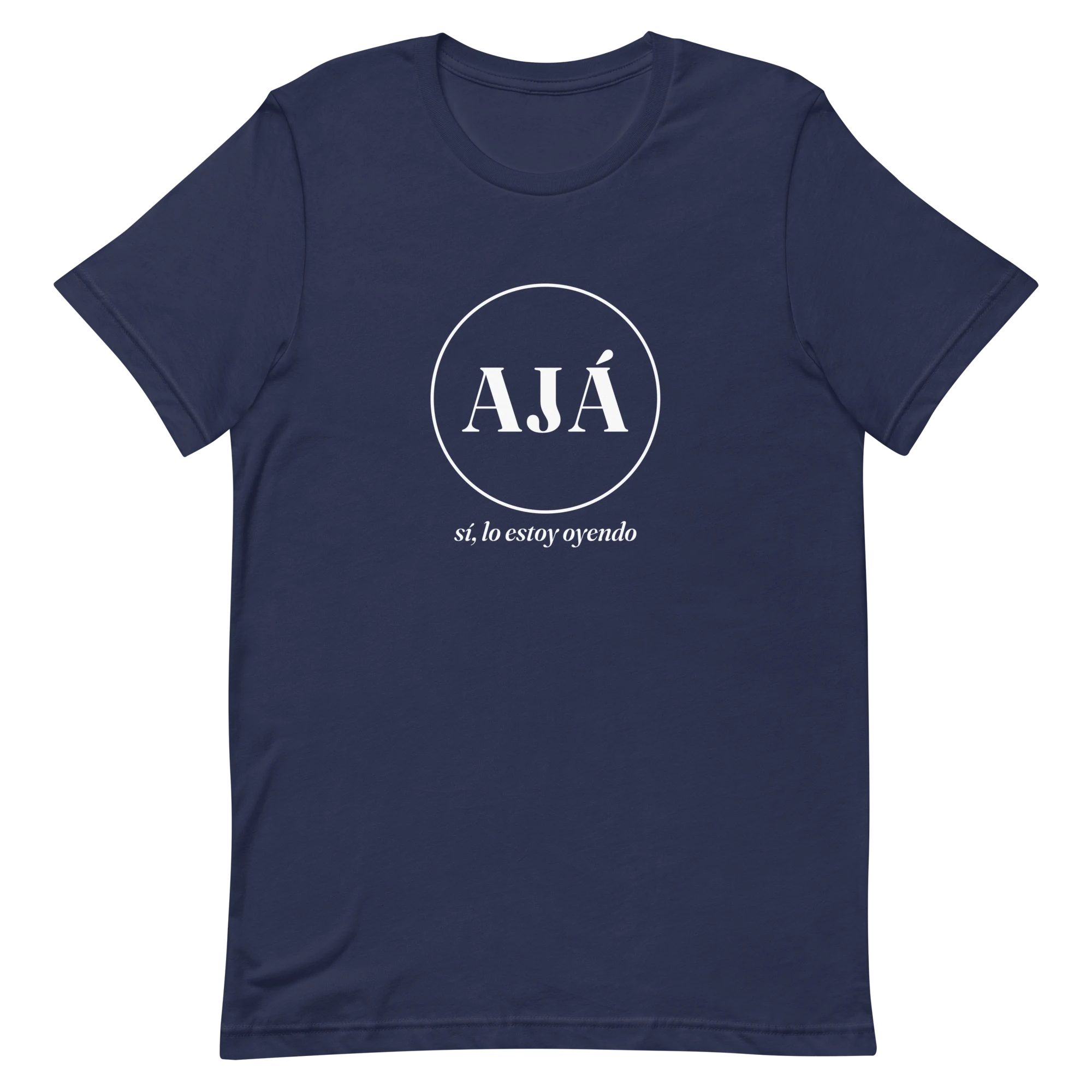 AJÁ badge tee flat lay, navy — white circle badge