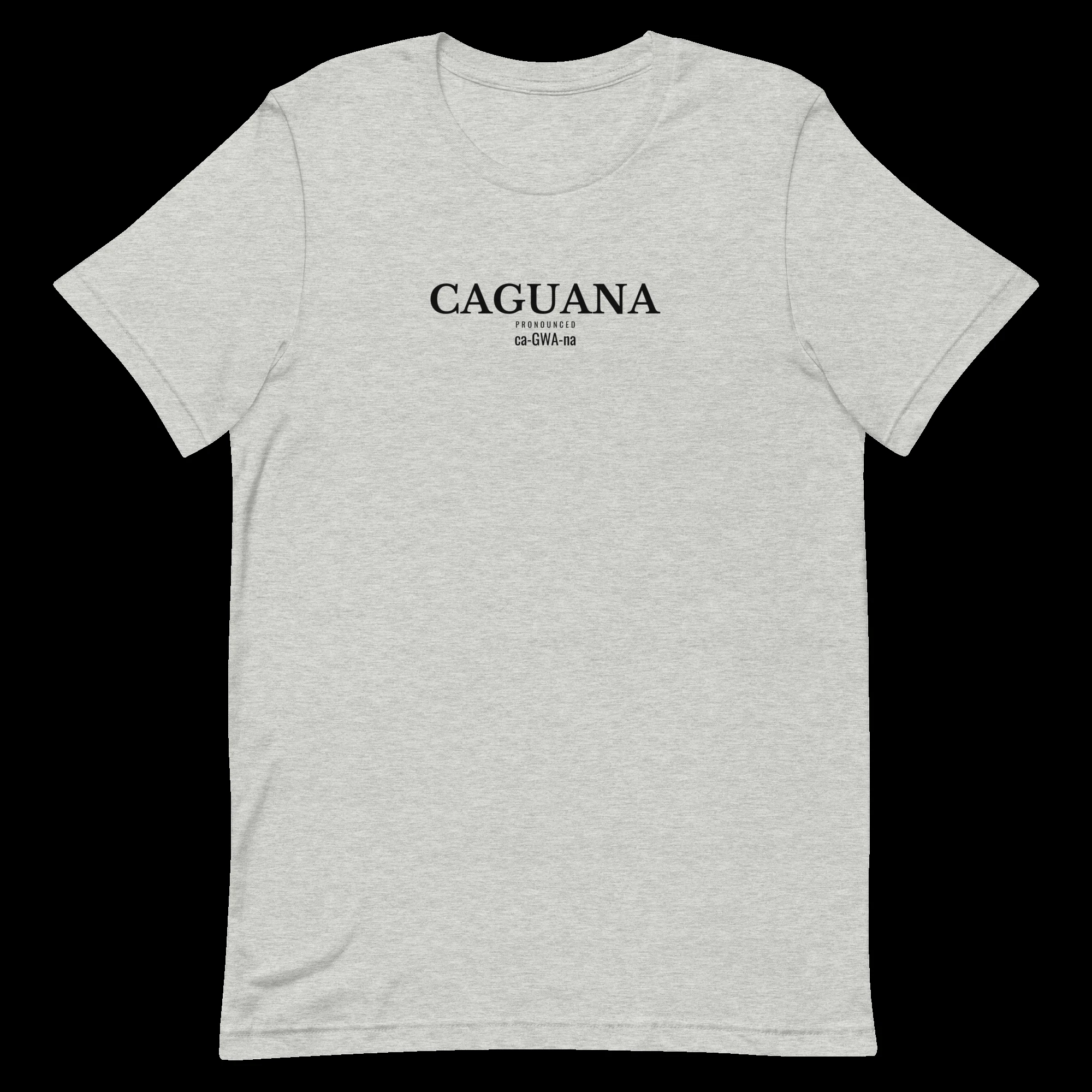CAGUANA tee Condensed Sans with Pronunciation design on Athletic Heather shirt, front view