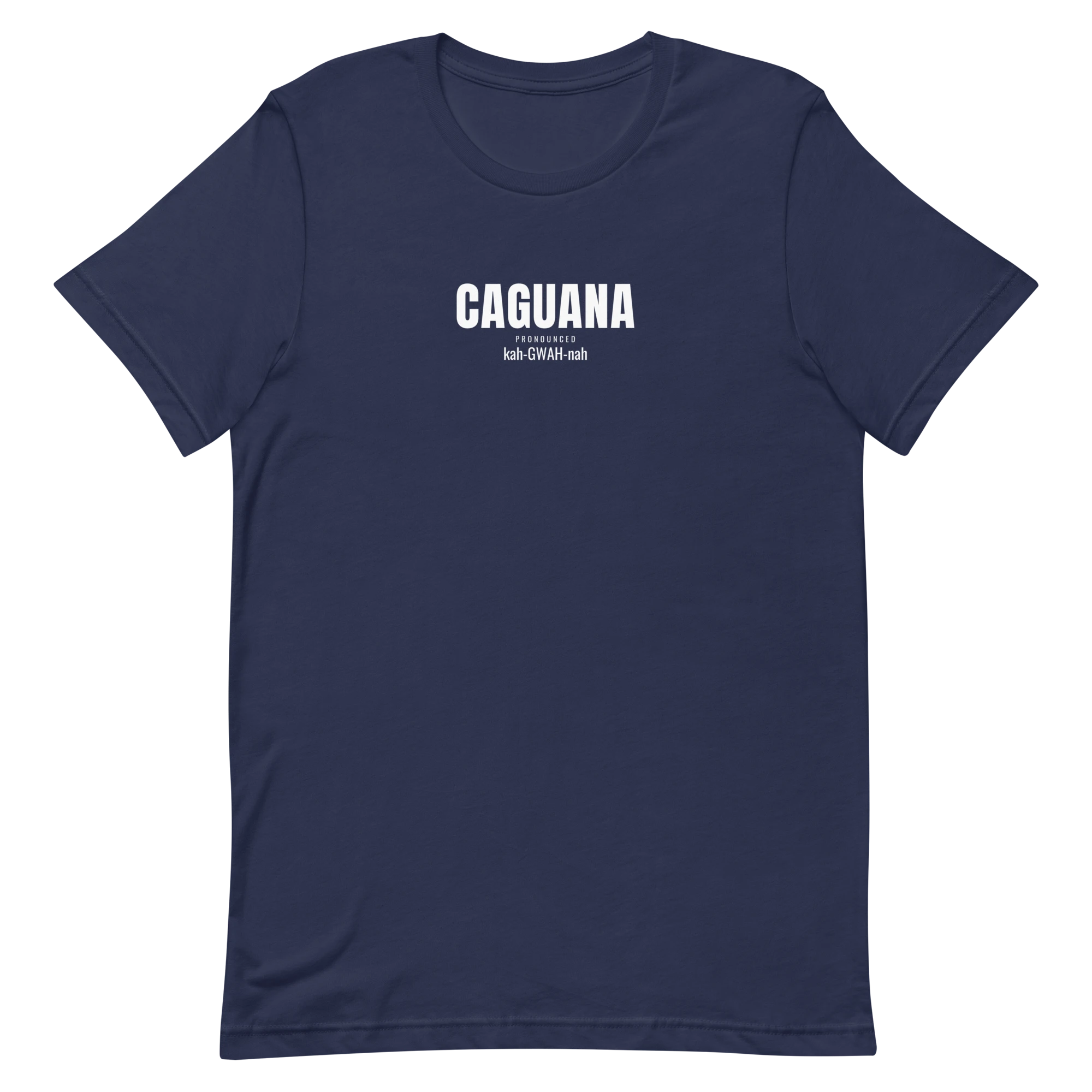 CAGUANA tee Condensed Sans with Pronunciation design on Navy shirt, front view