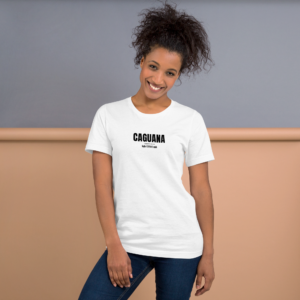 Woman wearing CAGUANA tee, front view