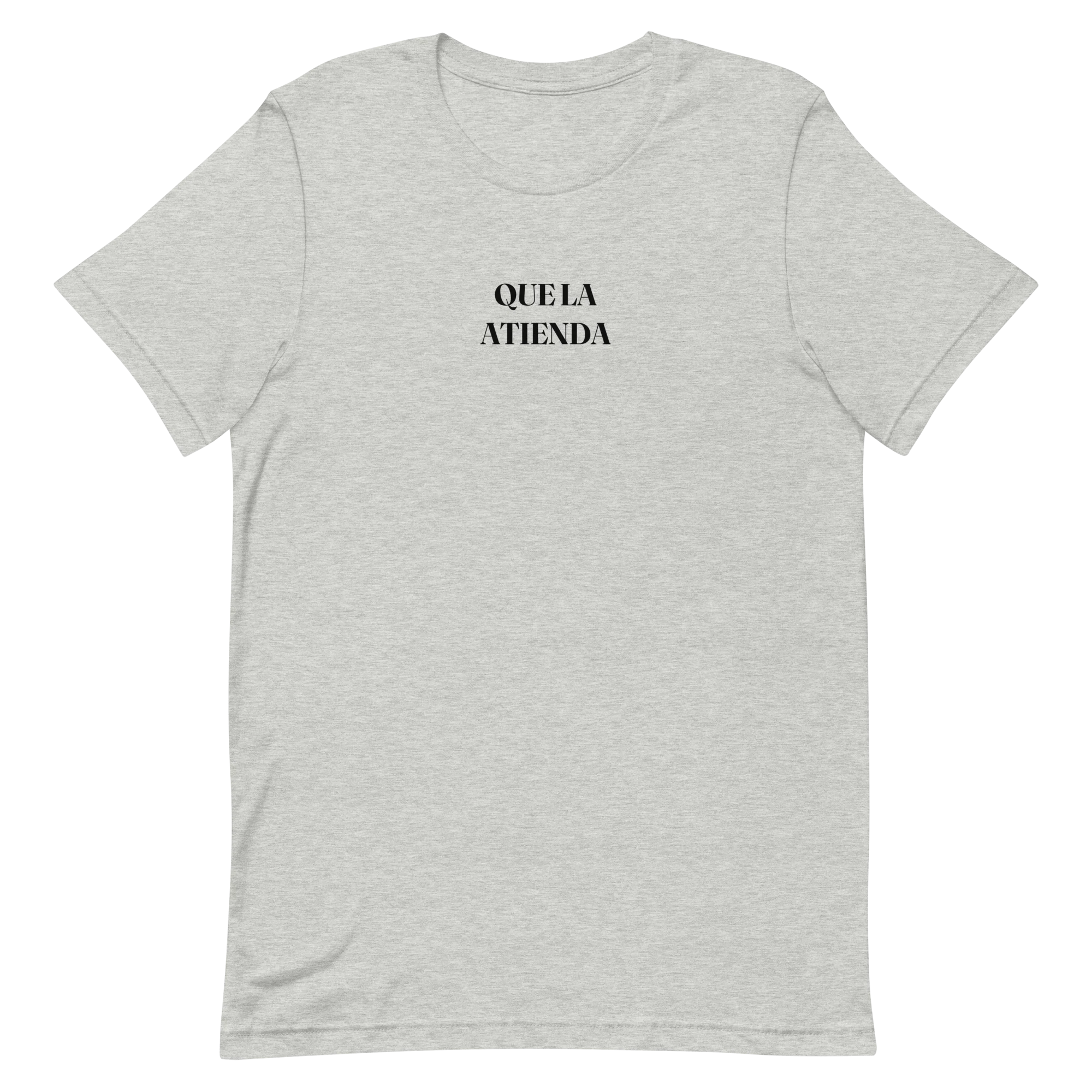 QUE LA ATIENDA Tee flat lay in Athletic Heather