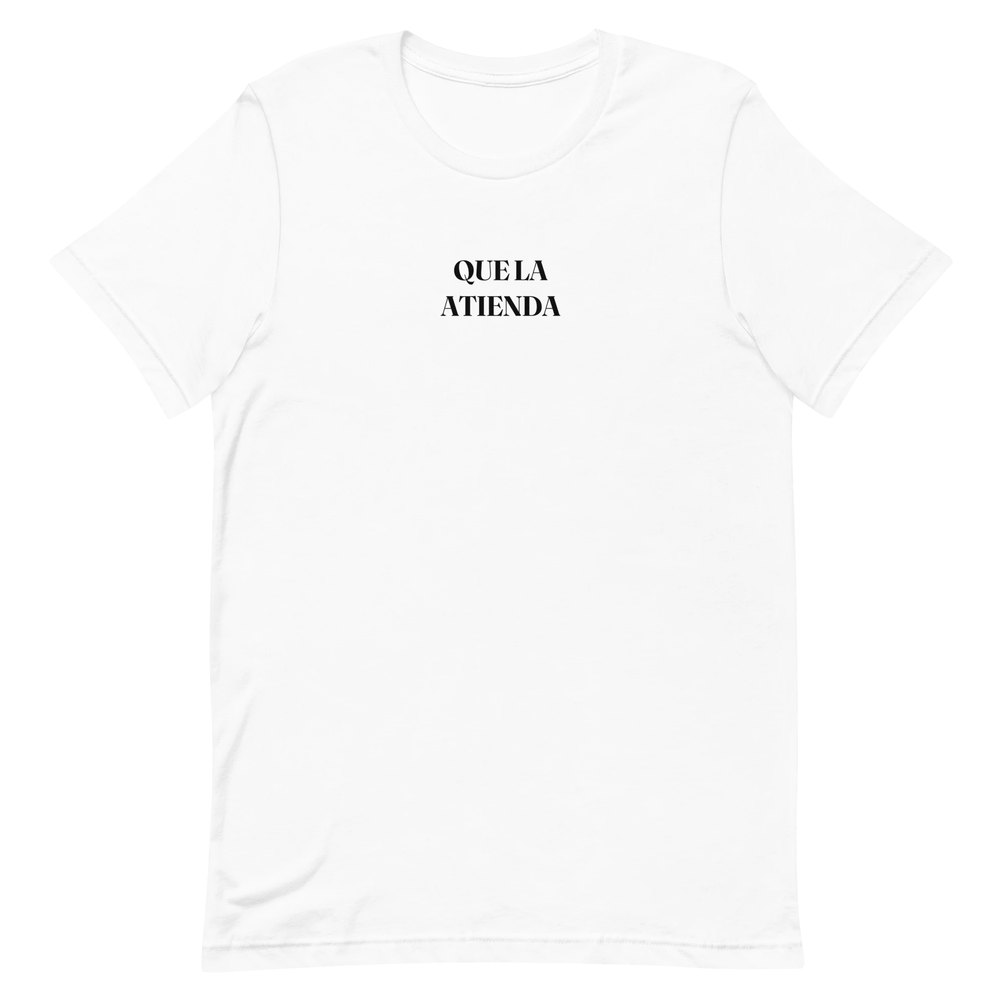 QUE LA ATIENDA Tee flat lay in White