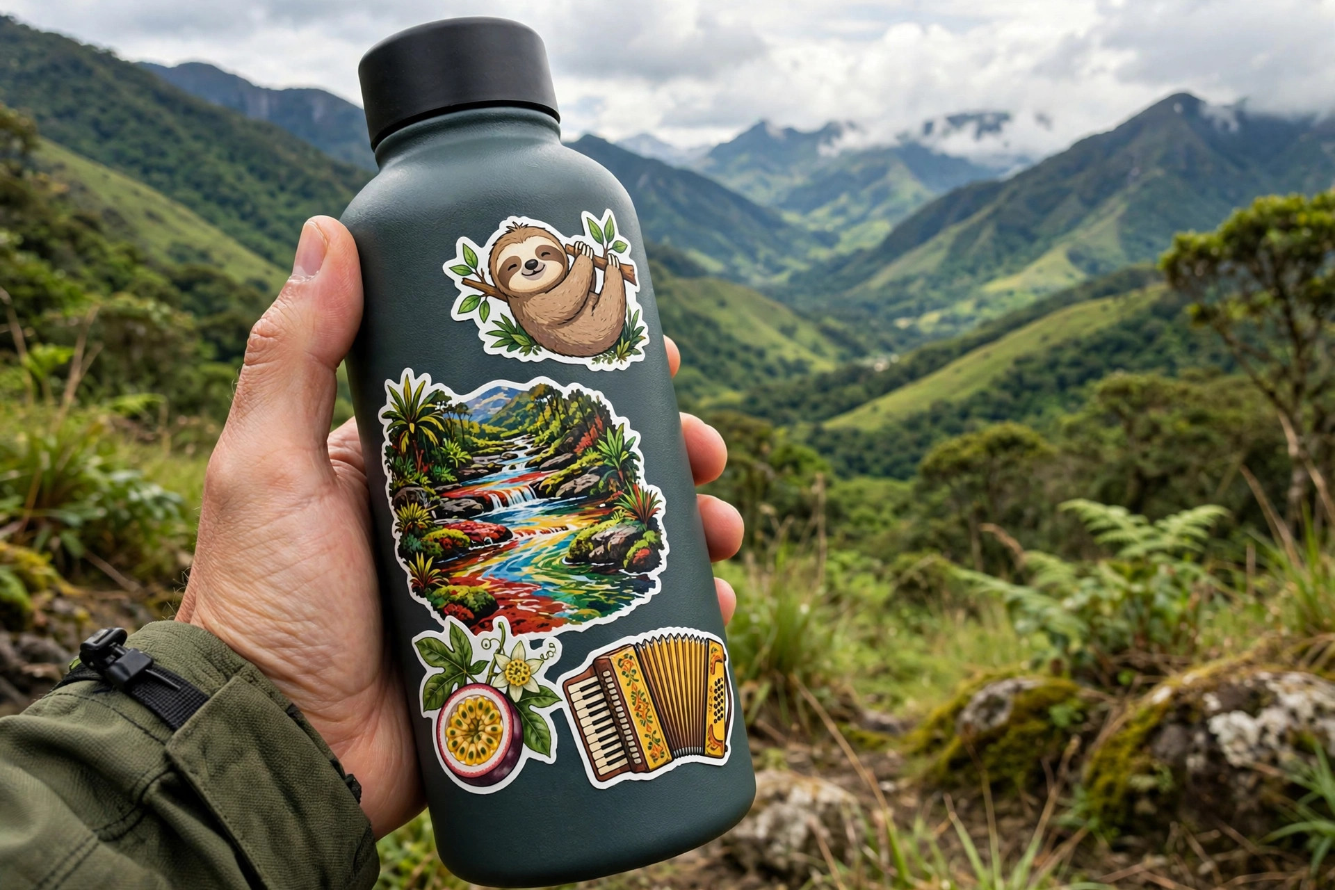 Water bottle covered in Plus 57 stickers